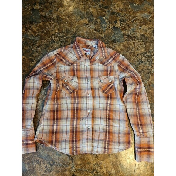 Roper‎ Western Plaid Pearl Snap Long Sleeve Button Down Shirt Orange/tan Medium - Picture 4 of 6